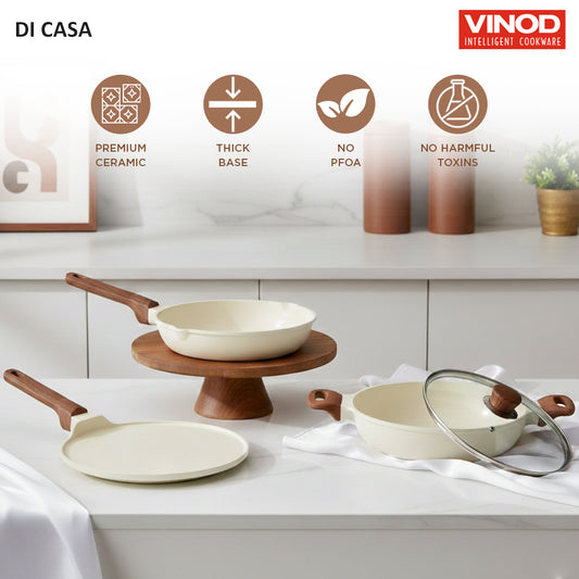 Vinod Di Casa Signature Ceramic Non-Stick Cookware Set 3pc - Kadai Frypan Dosa Tawa Induction Friendly | Vinod Cookware