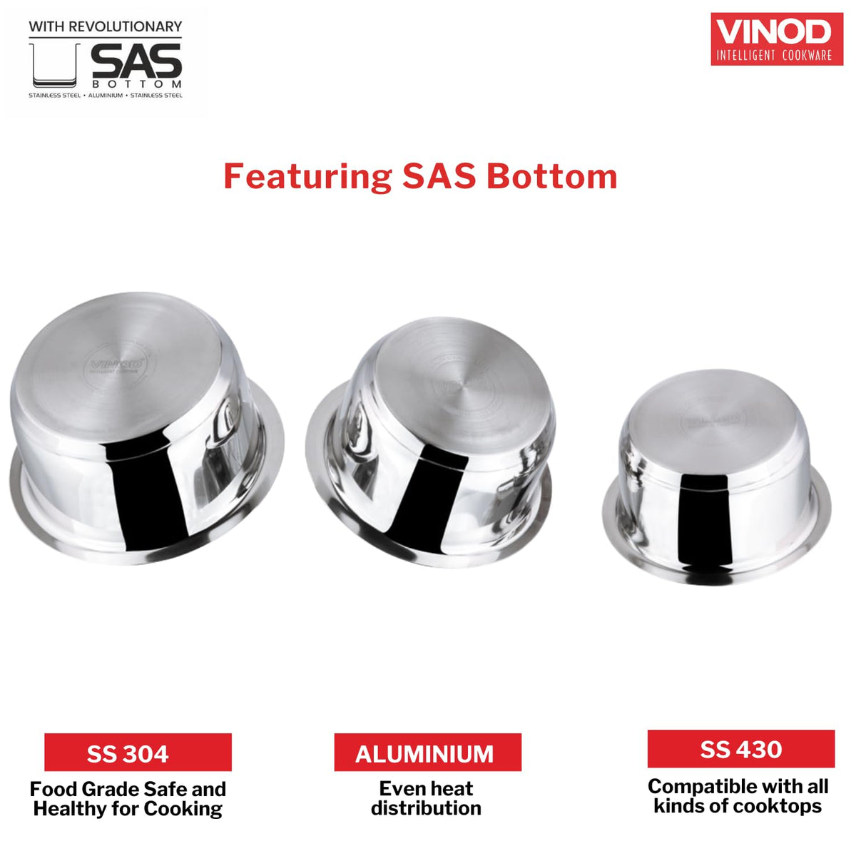Vinod Stainless Steel 5pc Tope Set - Ideal for Bulk Cooking, Boiling Dal, Rice and Gravies, Stackable for Easy Storage | Vinod Cookware India