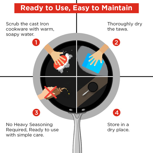 Vinod Ferona Cast Iron Dosa Tawa - Care and Maintenance Points | Vinod Cookware