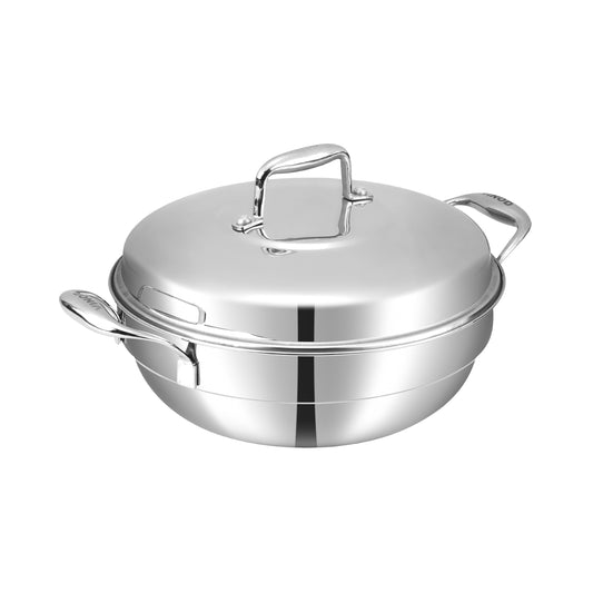 Stainless steel pot with lid on a white background