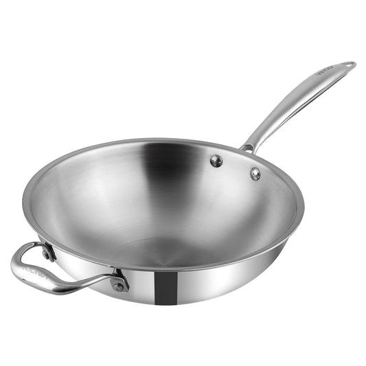 Vinod Platinum Triply Stainless Steel Wok 26cm - Dual Handle View | Vinod Cookware India