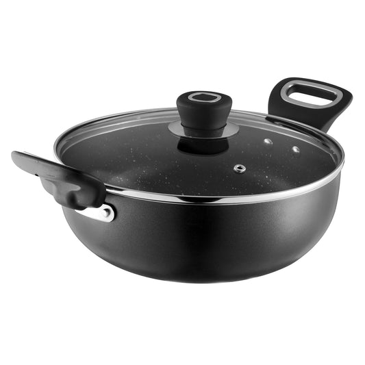 Marlibo Nonstick Kadai with Glass Lid and sturdy side handles, ideal for deep cooking and everyday kitchen use.