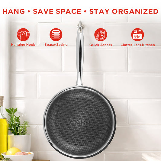 Frying pan hanging on a wall hook with text 'Hang, Save Space, Stay Organized' and icons.