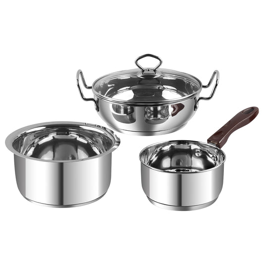 Vinod Amalfi 3pc Set - Hero Shot Saucepan Tope and Kadai with Glass Lid | Vinod Cookware