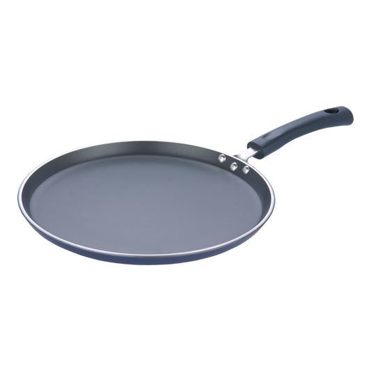 nonstick tawa with a wide cooking surface and black ergonomic handle, ideal for making rotis, dosas, and pancakes.