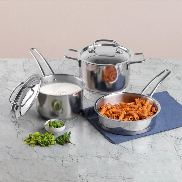 Vinod Stainless Steel Cookware Set Acciaio Inox 7 Pezzi Padella 2 pentole con Coperchio in Vetro, Inossidabile 18/8, Argento