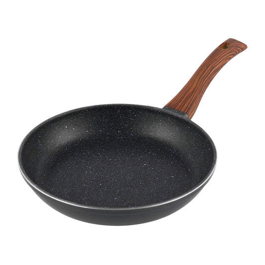 Zest Plus Frypan - Splatter Design Wood Pattern Handle Side View | Vinod Cookware