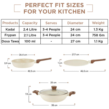 Vinod Di Casa Signature Ceramic 3pc Set - Complete Set Dimensions Reference | Vinod Cookware
