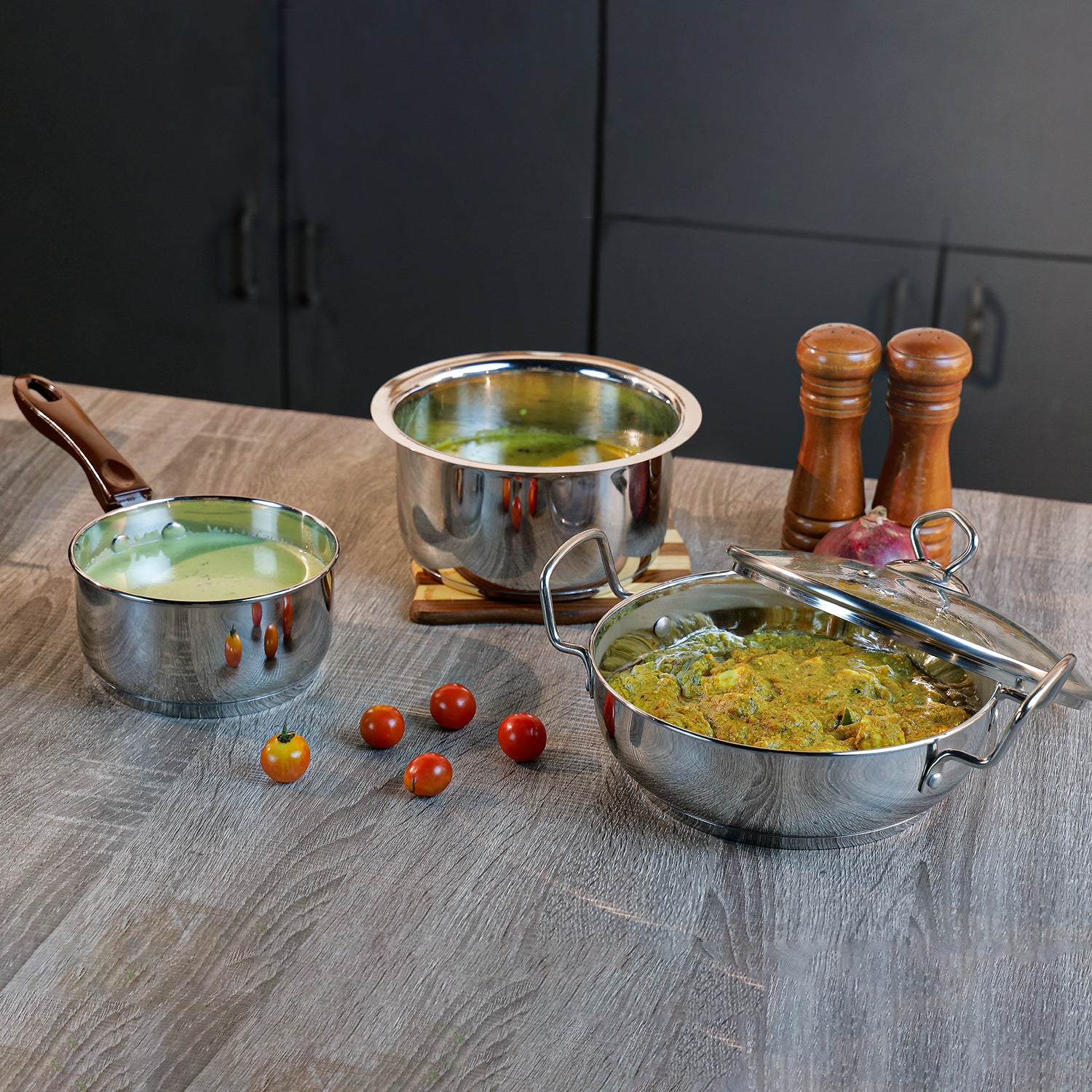 Vinod Amalfi Stainless Steel Cookware Set 3pc - Milk Pan Tope Kadai Induction Friendly | Vinod Cookware
