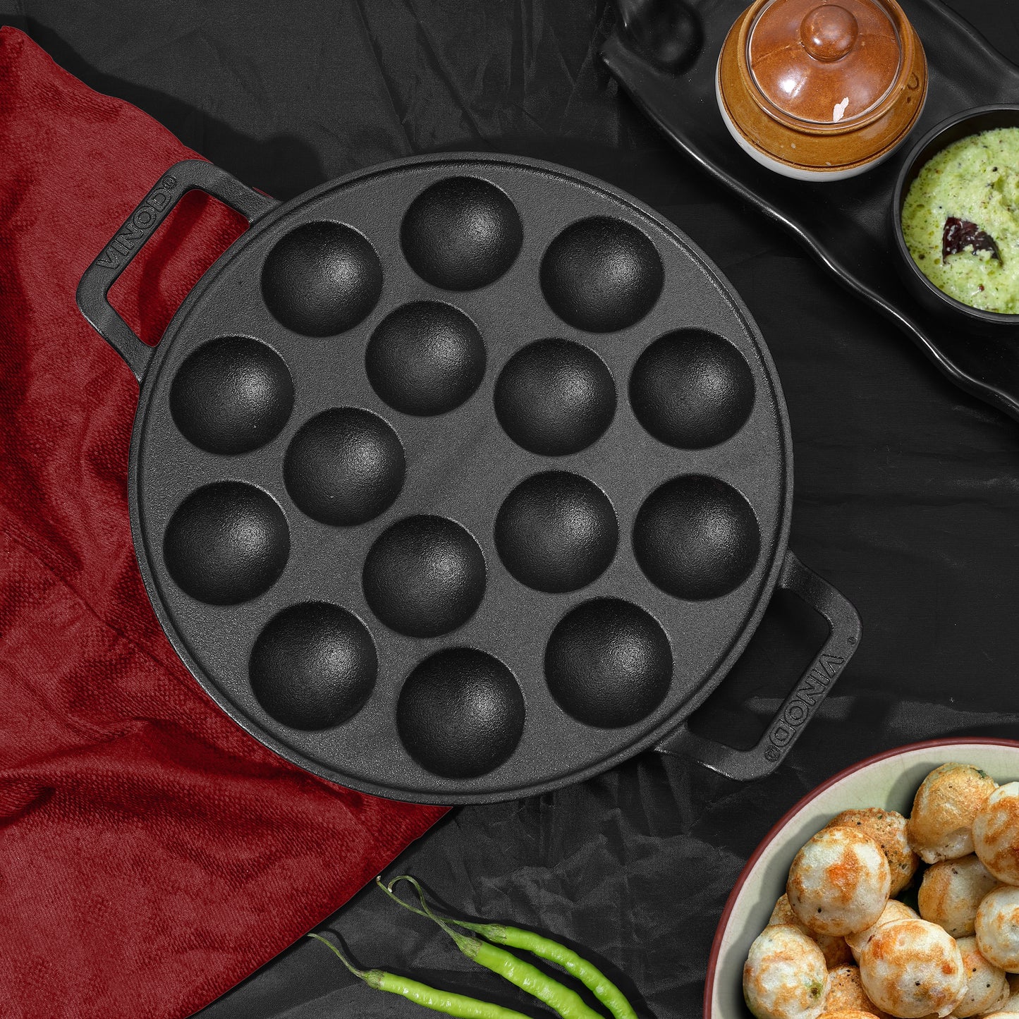 Vinod Legacy Pre-Seasoned Cast Iron Paniyarakkal Pan 15 Cups 25cm - Main View | Vinod Cookware