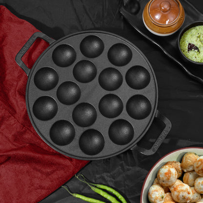 Vinod Legacy Pre-Seasoned Cast Iron Paniyarakkal Pan 15 Cups 25cm - Main View | Vinod Cookware