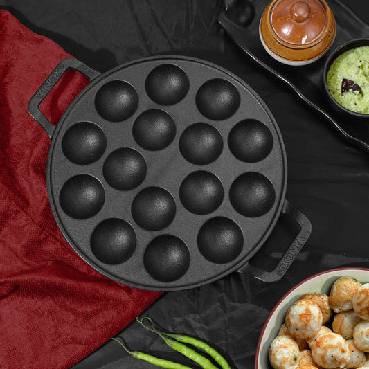 Vinod Legacy Pre-Seasoned Cast Iron Paniyarakkal Pan 15 Cups 25cm - Main View | Vinod Cookware
