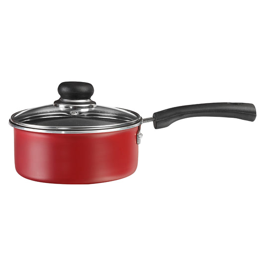  nonstick saucepan with glass lid and long ergonomic handle, ideal for everyday cooking and heating.