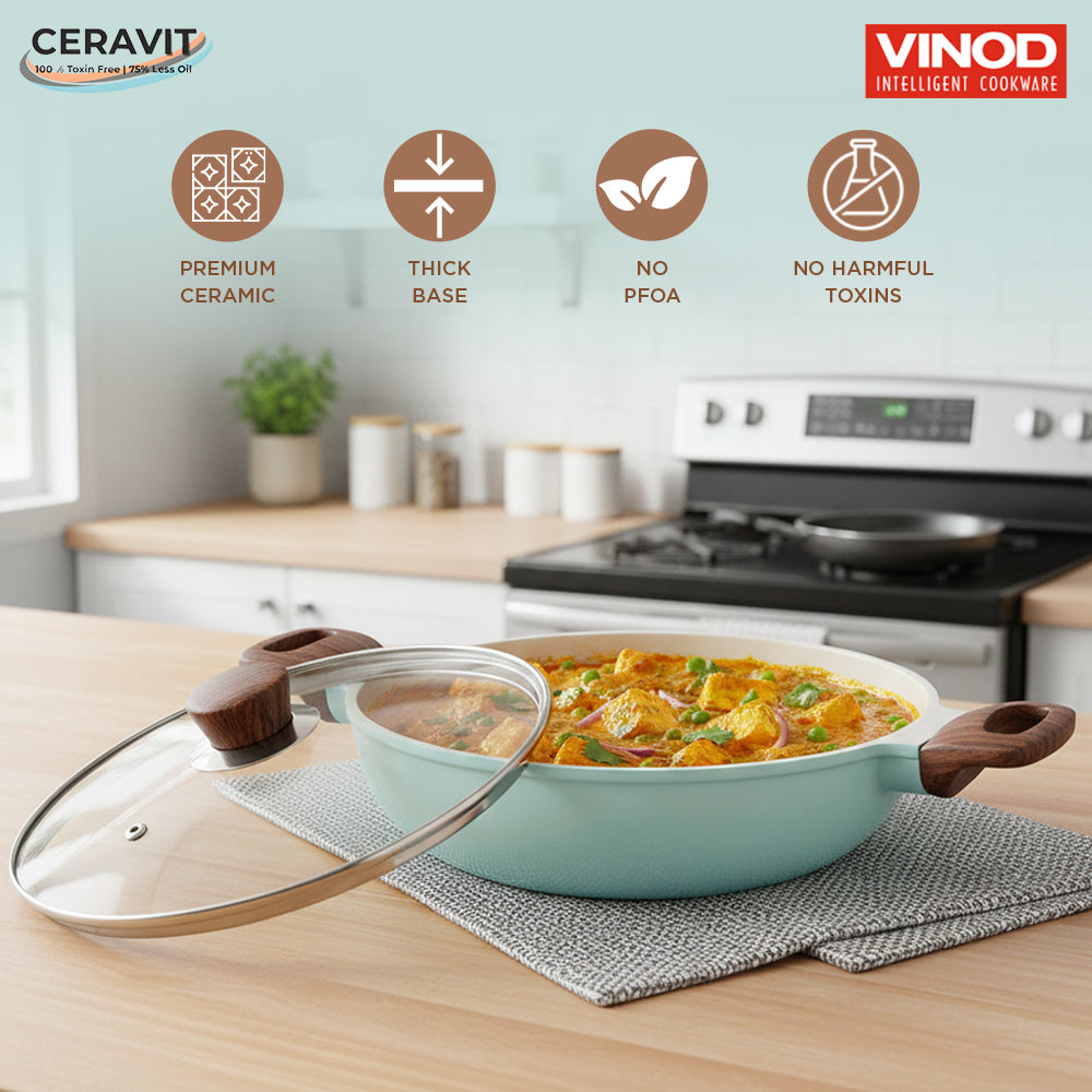 Vinod Ceravit Deep Kadai Ceragreen 22cm 24cm 26cm - Toxin Free Ceramic Non-Stick Induction Friendly | Vinod Cookware