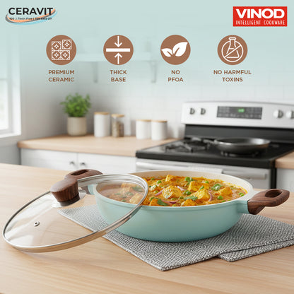 Vinod Ceravit Deep Kadai Ceragreen 22cm 24cm 26cm - Toxin Free Ceramic Non-Stick Induction Friendly | Vinod Cookware