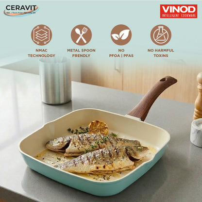 Vinod Ceravit Square Grill Pan 24cm Desert Rose - PFOA Free Ceramic Non-Stick Induction Friendly | Vinod Cookware