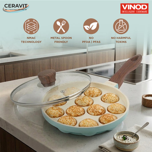 Vinod Ceravit Round Paniyarkal 20.5cm - PFOA Free Ceramic Non-Stick Induction Friendly All 3 Colours | Vinod Cookware