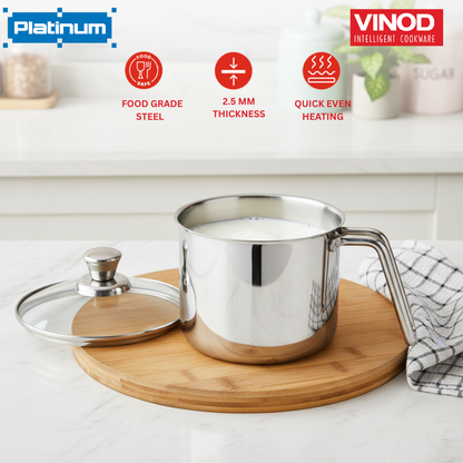 Stainless steel pot with lid on a wooden board, featuring Vinod Intelligent Cookware branding.