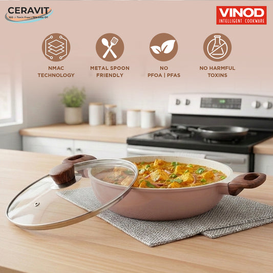 Vinod Ceravit Deep Kadai Desert Rose 22cm 24cm 26cm - PFOA Free Ceramic Non-Stick Induction Friendly | Vinod Cookware