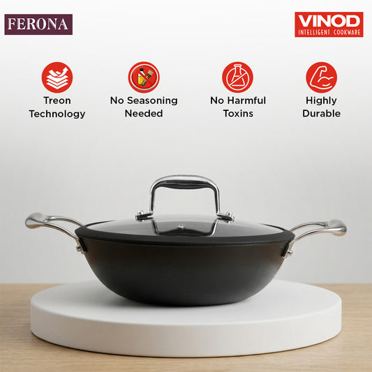 Vinod Ferona Cast Iron Kadai with Lid 20cm 22cm 24cm 26cm - Induction Friendly | Vinod Cookware