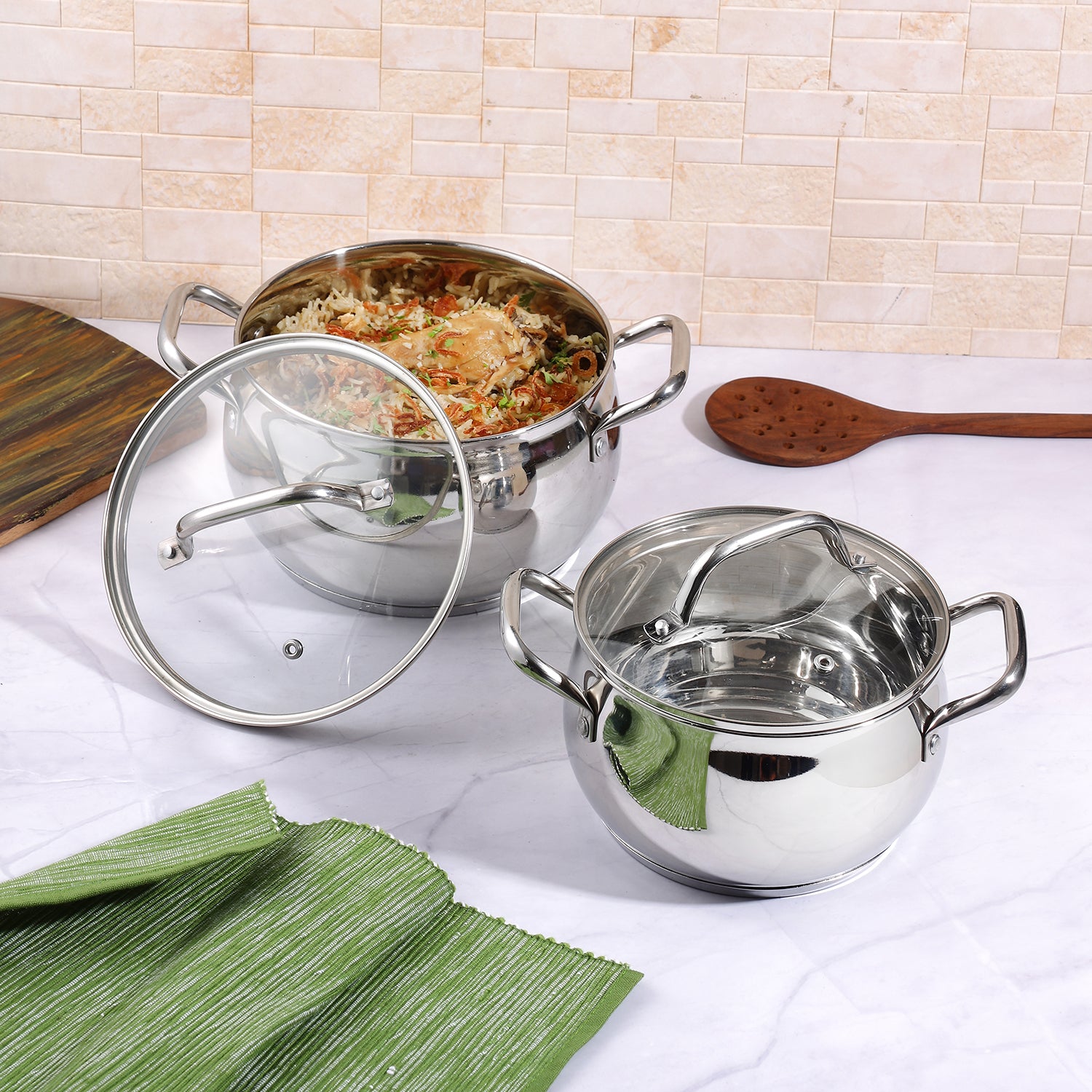 Vinod Stainless Steel Almaty Saucepot 2pc Set 14cm 1.3L and 16cm 2L with Glass Lids | Vinod Cookware