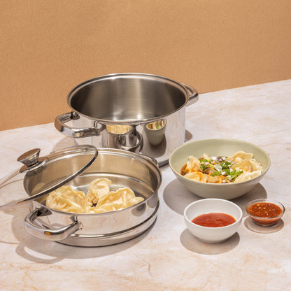 Vinod Stainless Steel 2 Tier Steamer with Glass Lid 18cm 20cm 24cm - Induction Friendly | Vinod Cookware