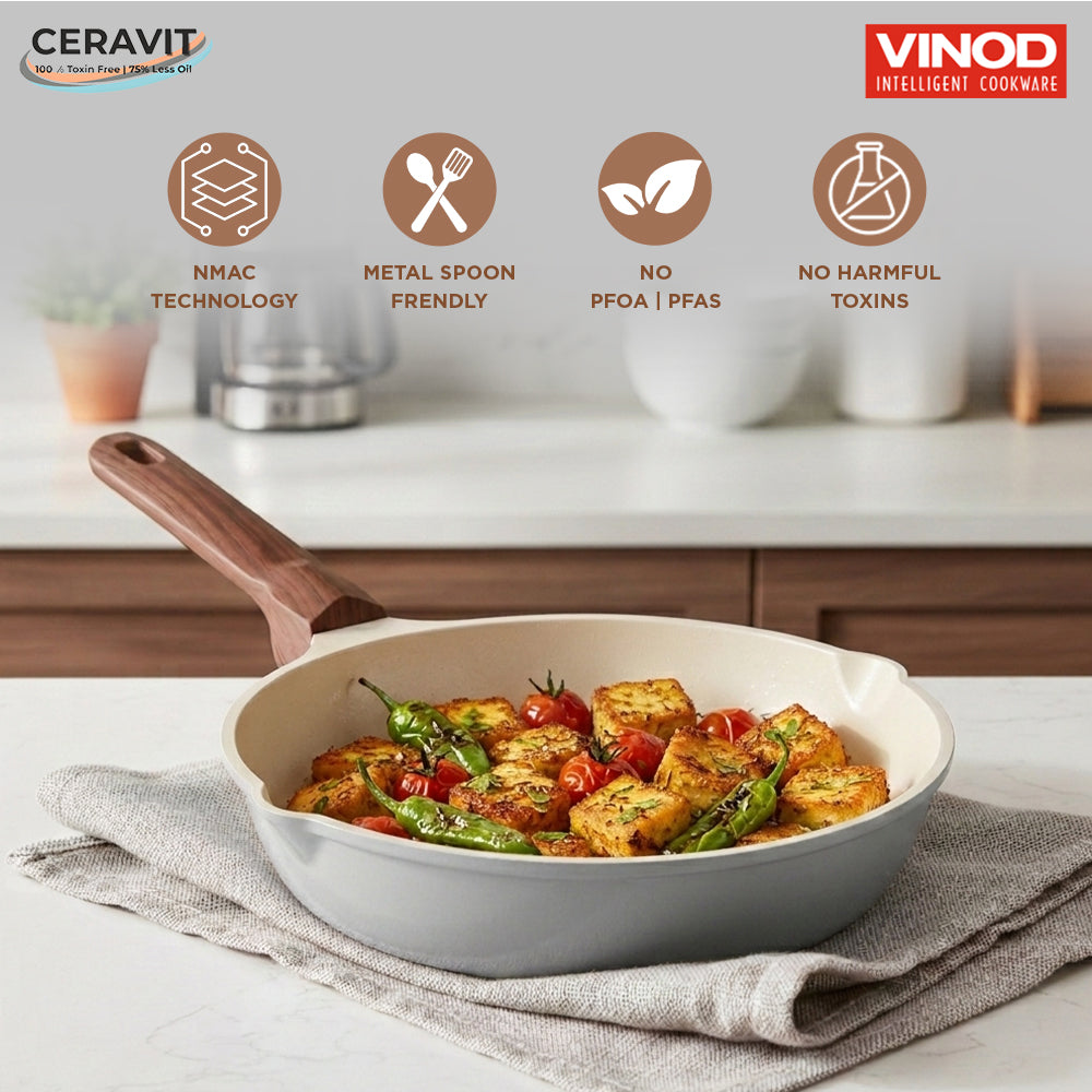 Vinod Ceravit Frypan Washed Stone 20cm 24cm 26cm - PFOA Free Ceramic Non-Stick Induction Friendly | Vinod Cookware