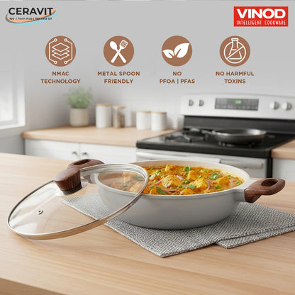 Vinod Ceravit Deep Kadai Washed Stone 22cm 24cm 26cm - PFOA Free Ceramic Non-Stick Induction Friendly | Vinod Cookware