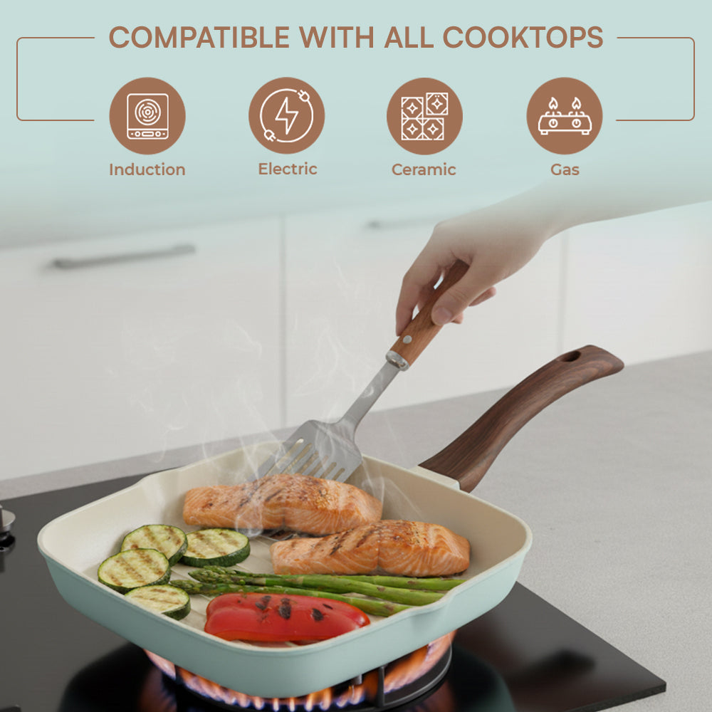 Vinod Ceravit Grill Pan - Washed Stone 24cm Induction Safe Grilling | Vinod Cookware
