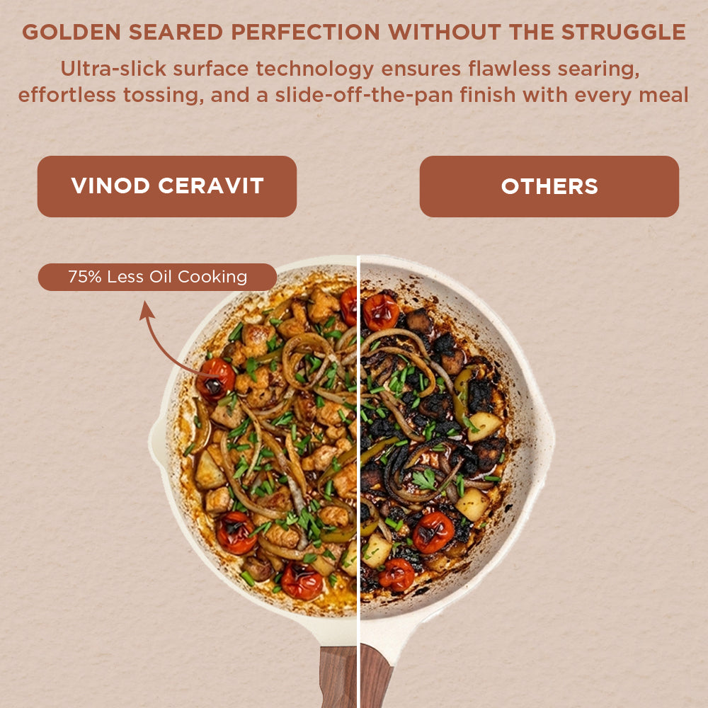 Vinod Ceravit Frypan Desert Rose - Cool Touch Wooden Handle and Hanging Hook | Vinod Cookware