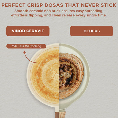 Vinod Ceravit Dosa Tawa Washed Stone - Stay Cool Wooden Handle Detail | Vinod Cookware