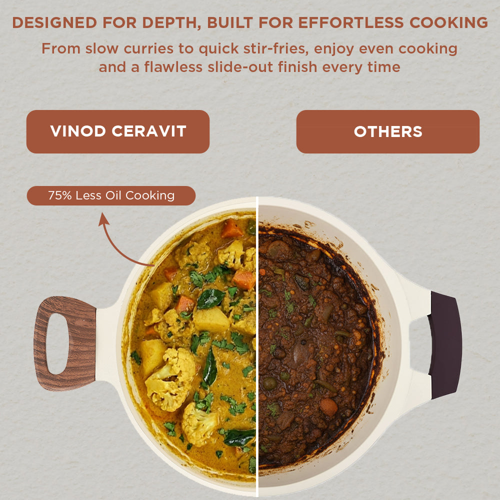 Vinod Ceravit Deep Kadai Washed Stone - 75% Less Oil Healthy Cooking | Vinod Cookware