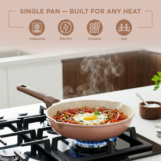 Vinod Ceravit Frypan Desert Rose - On Induction Cooktop Heat-Crisp-Slide Technology | Vinod Cookware