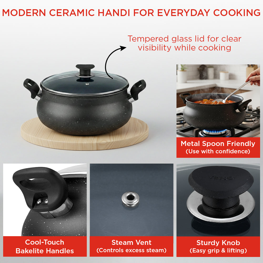 Vinod Zest Ceramica Handi - Tempered Glass Lid with Steam Vent Aroma Lock | Vinod Cookware