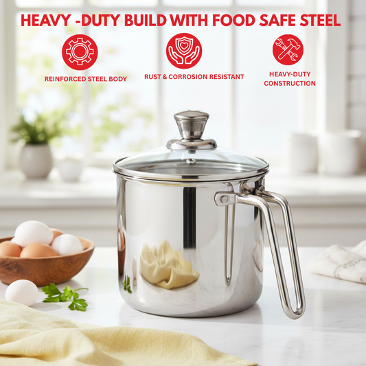Stainless steel pot with lid on a kitchen counter, featuring text about material and construction.
