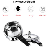 Stainless steel pressure cooker with icons and text indicating compatible cooktop types on a white background.
