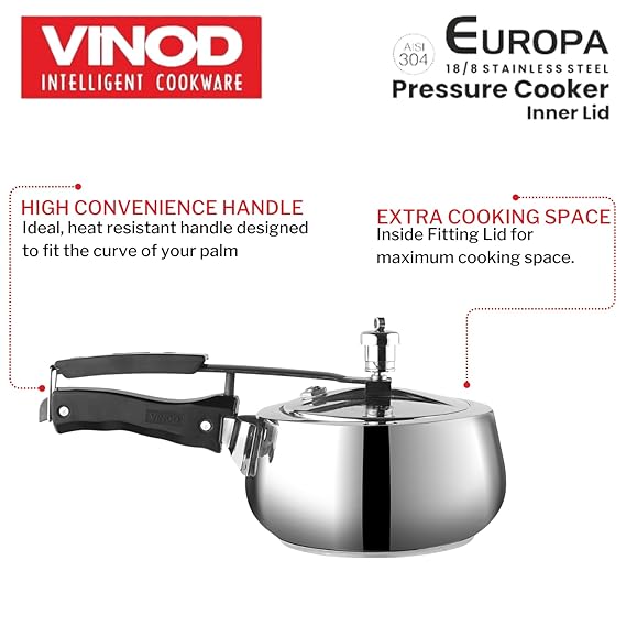 Vinod Europa Stainless Steel Handi Shape Inner Lid Pressure Cooker (Induction - Friendly)