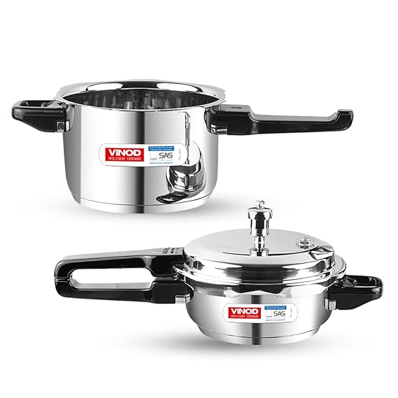 Vinod Combo Set with Regular Outer Lid Pressure Cooker, Deep Pan Pressure Cooker and Common Lid, induction friendly stainless steel cookware set.