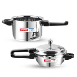 Vinod Combo Set with Regular Outer Lid Pressure Cooker, Deep Pan Pressure Cooker and Common Lid, induction friendly stainless steel cookware set.
