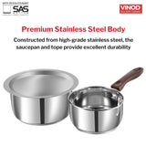 Stainless steel saucepan with wooden handle on a white background, featuring VINOD branding.