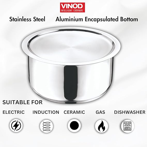Stainless steel pot with Vinod branding on a white background