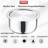 Stainless steel pot with Vinod branding on a white background
