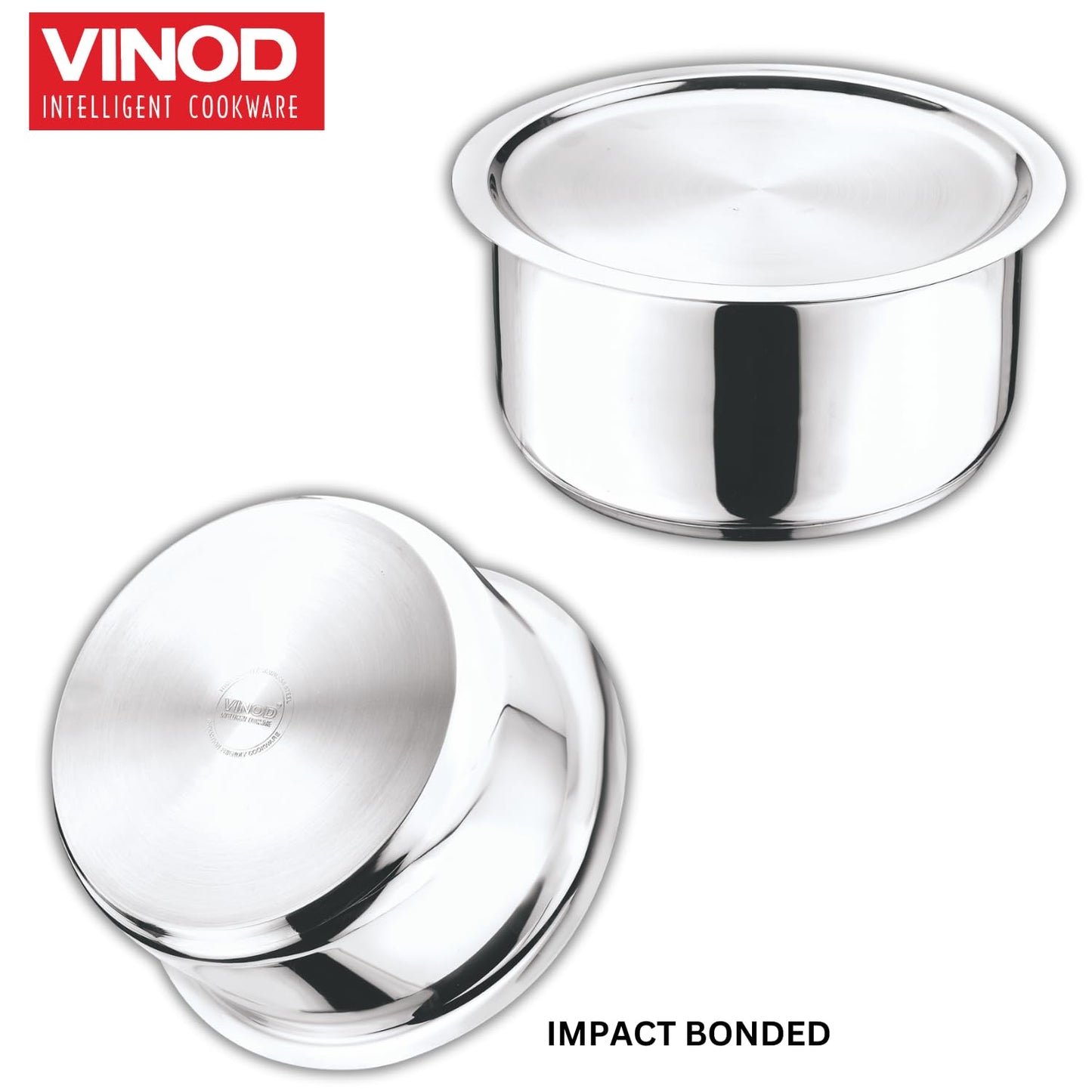 Two metallic cookware lids with 'Vinod Intelligent Cookware' branding on a white background.
