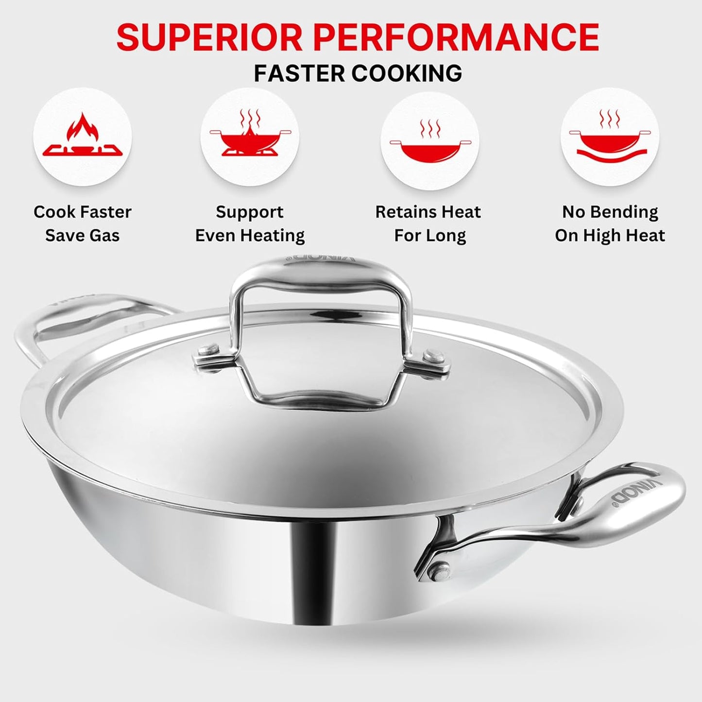 Stainless steel kadai with lid on a white background, featuring text about superior performance.