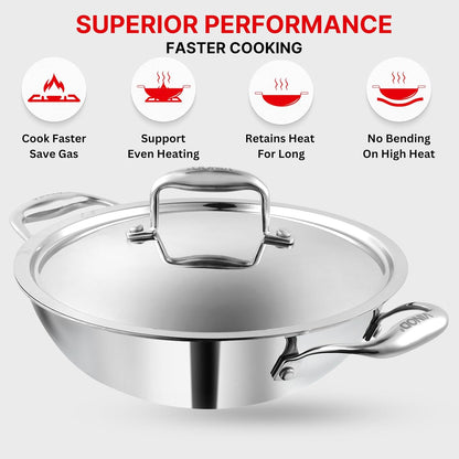 Stainless steel kadai with lid on a white background, featuring text about superior performance.