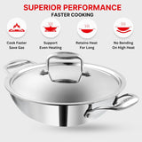 Stainless steel kadai with lid on a white background, featuring text about superior performance.