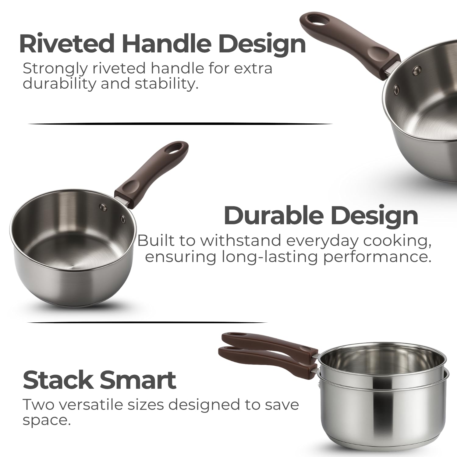 Vinod Stainless Steel Regular Saucepan - Riveted Heat-Resistant Bakelite Handle, Scratch Resistant 18/8 Stainless Steel Body | Vinod Cookware India