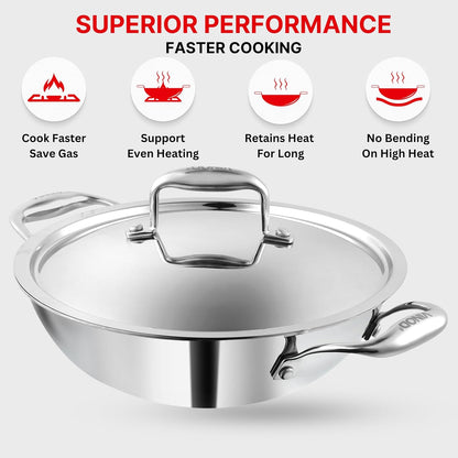 Vinod Platinum Triply Stainless Steel Extra Deep Kadai with Lid