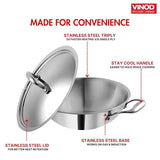 Stainless steel kadai with lid on a white background, featuring Vinod brand.