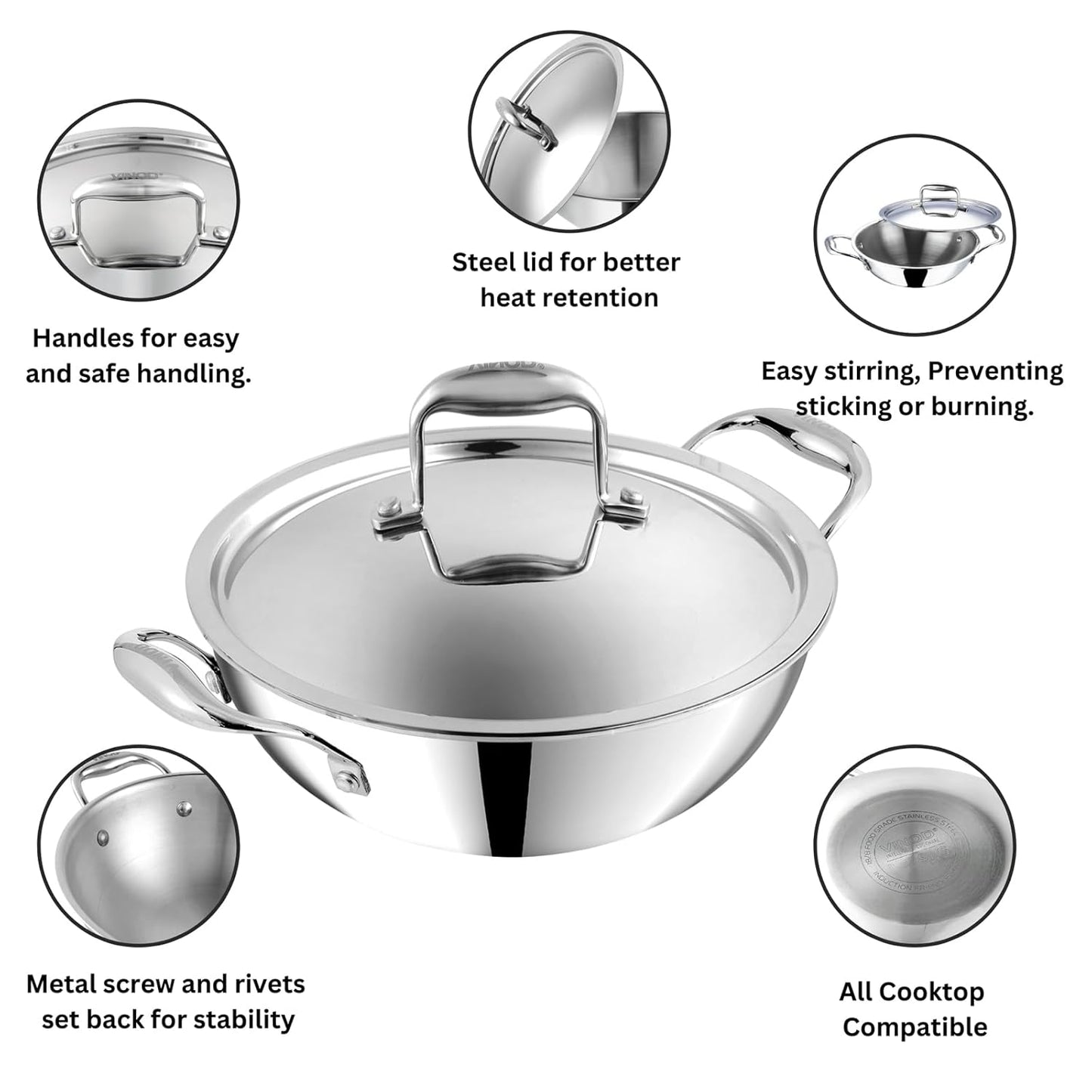 Vinod Platinum Triply Stainless Steel Extra Deep Kadai with Lid